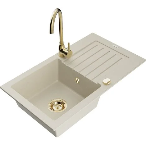 Mexen Pablo lavello in granito a 1 vasca con scolapiatti e rubinetto da cucina Telma, beige - 6510-69-670200-50