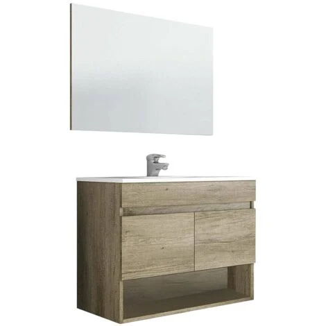 Mobile sottolavabo Enio, Mobiletto per bagno a 2 ante, Armadietto sospeso con ripiano e specchio, lavabo non incluso, 80x45h64 cm, Quercia
