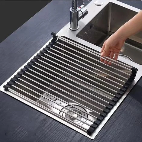 [MAI UTILIZZATO]Scolapiatti in acciaio inox nero, pieghevole e rimovibile, scolapiatti a rulli in acciaio inox per lavello, 43 cm x 35 cm
