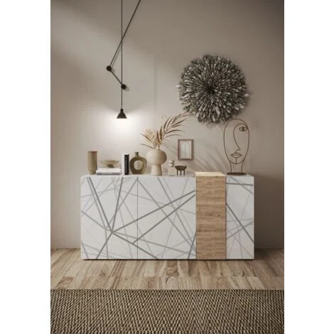 Madia 3 ante linea Olimpo finitura Bianco Lucido e Rovere Kadiz con serigrafia