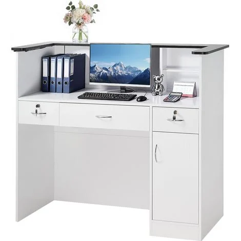 VEVOR Bancone Cassa per Negozio 127,5 cm Rettangolare con Striscia Luminosa e 3 Cassetti e Armadietti Portaoggetti, per Cassiere, Salone di Bellezza, Ufficio, Hotel, Bancone Vendita, Bancone Ufficio