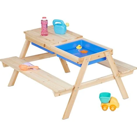 Relaxdays Tavolino da Bambini in Set con Panche da Esterno, Tavolo Picnic da Giardino, HLP: 50x89x86 cm, Legno, Naturale