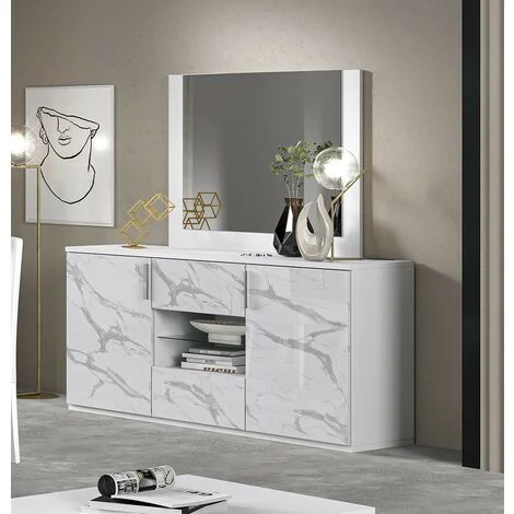 Credenza laccato bianco effetto marmo L.180 - 2 ante e 2 cassetti - Dream