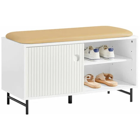 Panca con seduta, Scarpiera con 2 ante scorrevoli, Panca ingresso con vano portaoggetti, 85x37x49cm FSR116-W SoBuy