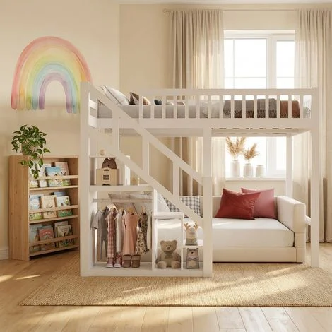 JOOKGBD-Letto a Soppalco 90x200 cm, Letto a Castello con Scala di Stoccaggio e Barriera di Sicurezza, Rete a Doghe in Legno, Multifunzionale per Bambini e Ragazzi, Bianco