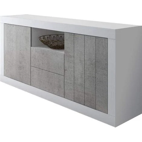 Credenza Moderna Madia Con 2 Ante 2 Cassetti Vano A Giorno Mobile Sala Da Pranzo Soggiorno Ingresso Corridoio Design Minimal Senza Maniglie 184 x 86 x 42 Cm Bianco E Grigio Cemento