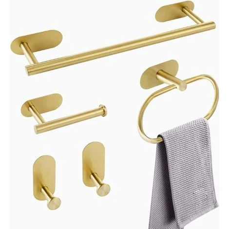Kit da bagno da 5 pezzi - Accessori in acciaio inox SUS304, portasciugamani e anelli placcati in oro (non è necessaria la foratura)
