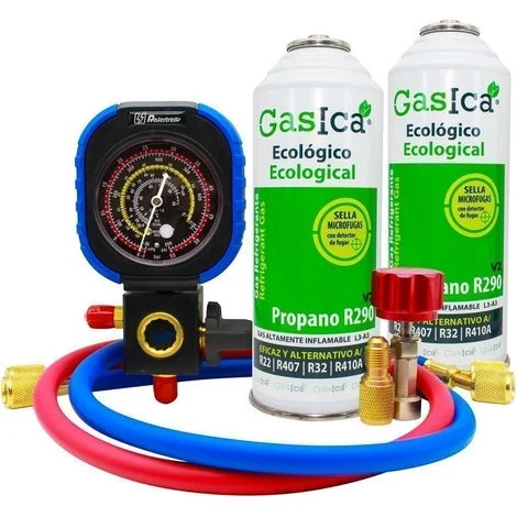 Gas refrigerante pack 2 Gasica V2 sustituto de los gases R22, R407, R32, R410A mas manometro