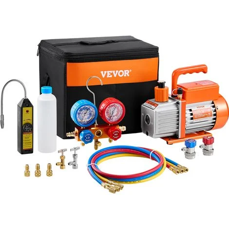 VEVOR Pompa per Vuoto e Manometro AC 2,12L/s, Pompa per Vuoto ad Aria HVAC, Kit Manometro Collettore Refrigerante A/C, con Tubi Rilevatori di Perdite, per R134a, R12, R22, R502a, R410A, R404, R407C