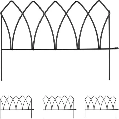 Relaxdays Recinzione per Aiuole, Set 4 Pannelli per Cortile e Giardino, Recinto Decorativo, Ferro, HL: 29,5x172 cm, Nero