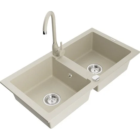 Mexen Mario lavello da cucina in granito a 2 vasche con rubinetto Telma, beige - 6504-69-670200-69