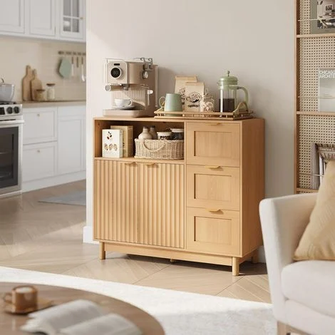 WOLTU Credenza con 3 Cassetti, 2 Ante e 1 Scomparto Aperto, Ripiano Regolabile - per Cucina e Soggiorno - Effetto Legno