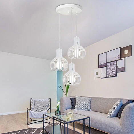Lampada a Sospensione Vintage Industriale Stile Illuminazione da Soffitto con Ø20cm Gabbia Zucca in Metallo - 3 Luci con Portalampada Tondo (Bianco)