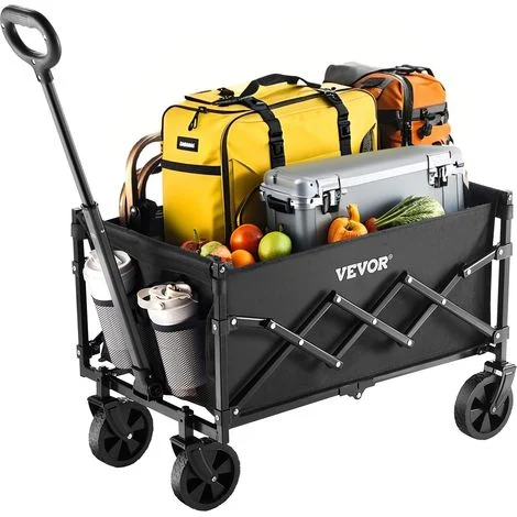 VEVOR Carrelli Pieghevoli da 120 L Capacita di Peso 102,06 kg Carrello Multiuso per Esterni Resistente con Ruote per Tutti Terreni, Maniglia Regolabile, per Spiaggia, Alimentari, Giardino, Nero