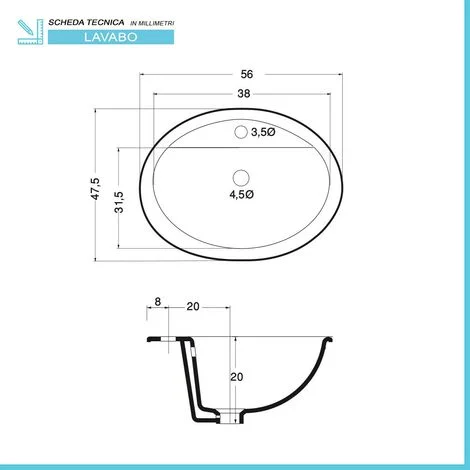 Lavabo da incasso soprapiano ovale 56x47,5 cm in ceramica lucida