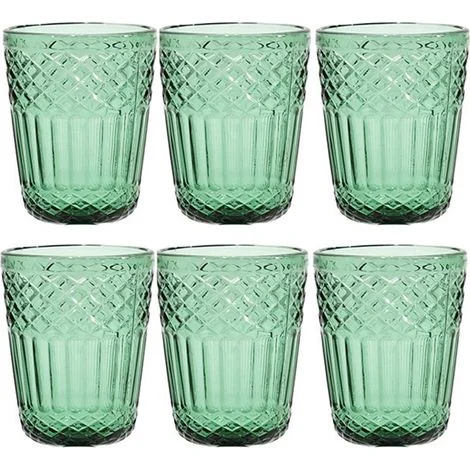 Set 6 Bicchieri Acqua in Pasta di Vetro Colorato Verde Antico 30cl con Lavorazione a Rilievo e Decoro imperiale Stile Vintage per Casa e Ristorazione eleganzae particolarita' per una tavola speciale