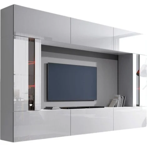 Set di mobili da soggiorno bianco, sospesi collezione CEPTO XXVIII. 249cm, 8 mobili, led, modulari.