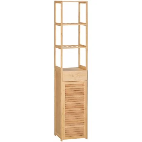 Mobile Bagno Alto 3 Ripiani 1 Cassetto e 1 Armadietto 32x30x163 cm in Bambù color Legno