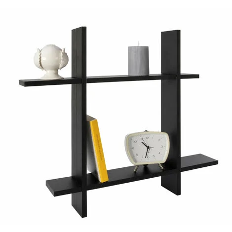Libreria Parete Legno Nera 2 Ripiani Moderna Scaffale Muro Sospeso