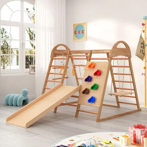 Scivolo per bambini 7 in 1, struttura per arrampicata con altalena, multifunzionale, adatto per interni/esterni, legno, colore naturale
