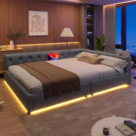 Divano letto 140x200 cm port USB e Type C, design capitonné, 200kg ,lino e MDF, grigio (senza materasso)
