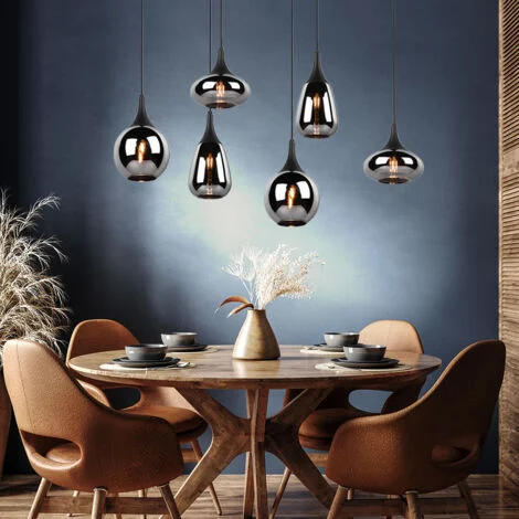 Lampada a sospensione per sala da pranzo lampada a sospensione in vetro 6 fiamme lampada da tavolo da pranzo vetro vaporizzato cromo nero, diversi paralumi, 6x E14, LxH 93x150 cm