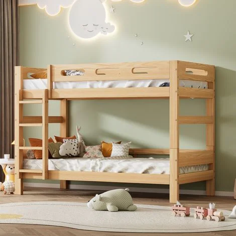 Letto a castello per bambini e ragazzi, lettino per bambini, diviso in 2 letti singoli, robusta struttura in legno di pino, montaggio facile, naturale, 90x200 cm OKWISH