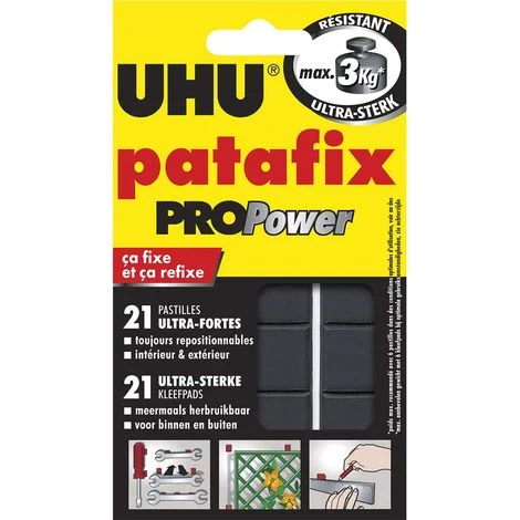 UHU Patafix Propower - Pastiglie adesive pretagliate, pasta per fissare, ultra forti (fino a 3 kg), riposizionabili, nero, 21 pastiglie