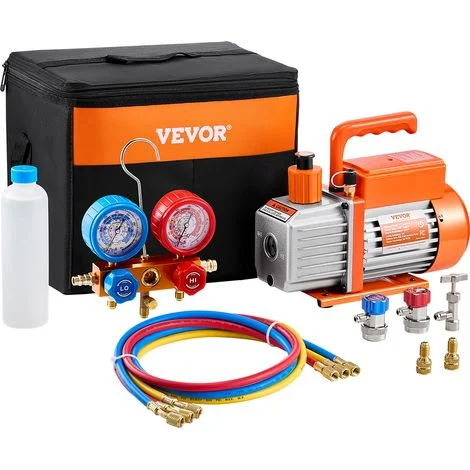 VEVOR Pompa per Vuoto e Manometro AC 1,65 L/s, ad Aria HVAC a Palette Rotanti Monostadio, Kit Manometro per Collettore Refrigerante A/C, con Tubi, Refrigeranti R134a R12 R22 R502a R410A R404 R407C
