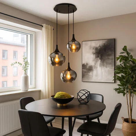 Lampada a sospensione lampada a sospensione sala da pranzo lampada a sospensione soggiorno lampada da tavolo da pranzo paralume in vetro fumé, metallo nero, attacchi 3x E27, DxH 48x120 cm