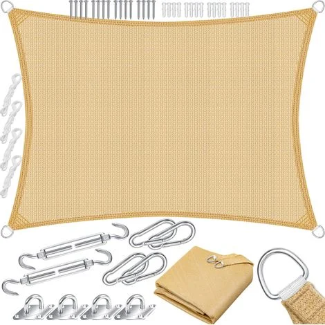 Tenda a vela da sole con accessori, protezione dal sole/vento – Tessuto HDPE – Tenda da sole 3 x 5 m, tettoia per balcone, terrazza, giardino