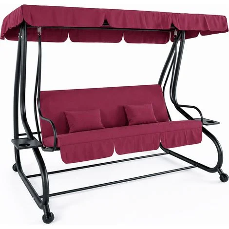 Dondolo 3 Posti Reclinabile Madeira Tettuccio Parasole Regolabile Cuscini Imbottiti Diventa Letto Struttura Robusta In Acciaio Verniciato Giardino Esterno Balcone Terrazzo 200 x 120 x 160 cm Bordeaux