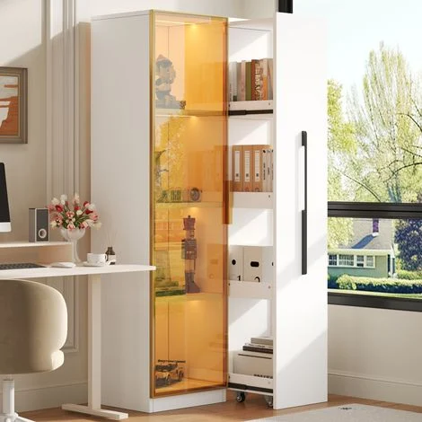 Vetrina con 2 Ante in Vetro e Modulo Laterale Estraibile con LED, Stile Moderno, in MDF, 70×40×160 cm, Bianco