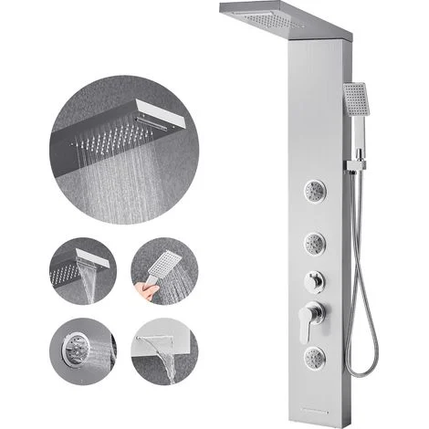Mophorn Sistema doccia a pannello con soffione a pioggia, colonna in acciaio inox da 1345 mm, dotato di funzione massaggio a parete, doccetta, beccuccio per vasca e 3 getti per il corpo