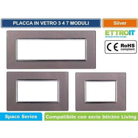 Ettroit placca compatibile Bticino Livinglight 3 moduli vetro colore argento - LN84306