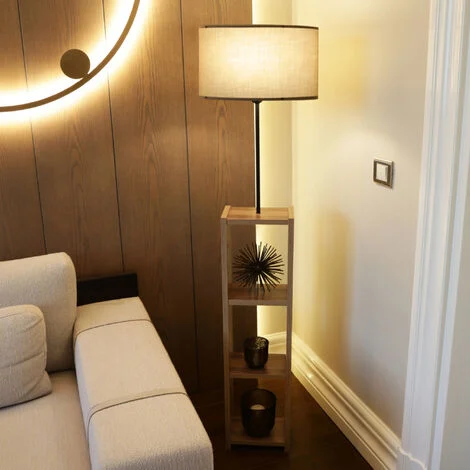 Lampada da Terra 'Redditch' Piantana con Paralume Cilindrico in Tessuto Beige e Base a Scaffale Portaoggetti in MDF effetto Legno - lux.pro