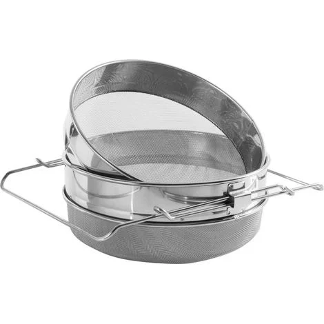 Doppio setaccio in acciaio inox per filtrare i residui di miele, strumento per l'estrazione del miele in apicoltura.