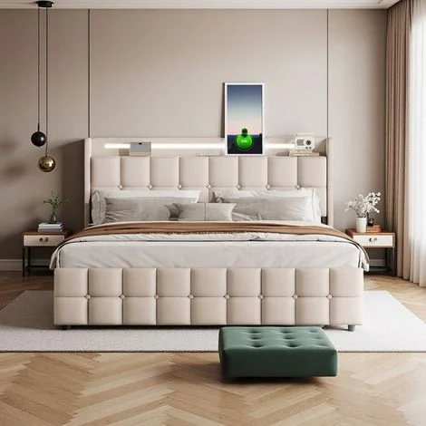 Letto matrimoniale 160x200 - Raccordo integrato - 4 cassetti - LED RGB - Design scandinavo moderno