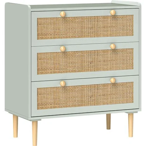 Cassettiera Irovami in rattan stile bohémien con 3 cassetti, mobile contenitore per soggiorno, corridoio, ingresso, verde oliva