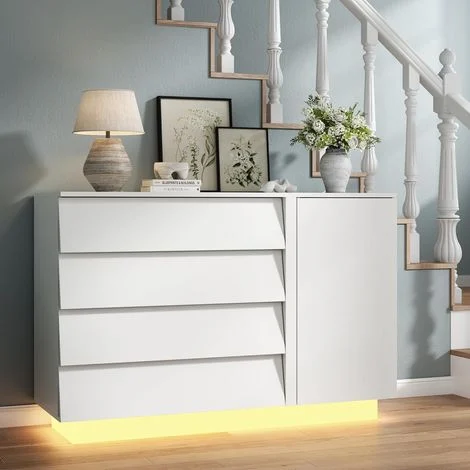 Comò con 4 cassetti per camera da letto, cassettiera bianca sospesa con illuminazione a LED e presa elettrica, armadio organizer con cassetti