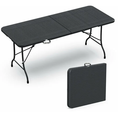 VOUNOT Tavolo Pieghevole Multifunzione da Giardino 180x75cm Effetto Rattan, HDPE, Nero
