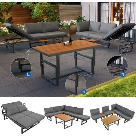 Set da giardino grigio, set da 3 pezzi con 2 divani, tavolo, struttura in ferro verniciato a polvere, schienale regolabile, legno di acacia, tavolo regolabile, inclusi tutti i cuscini di seduta e cusc