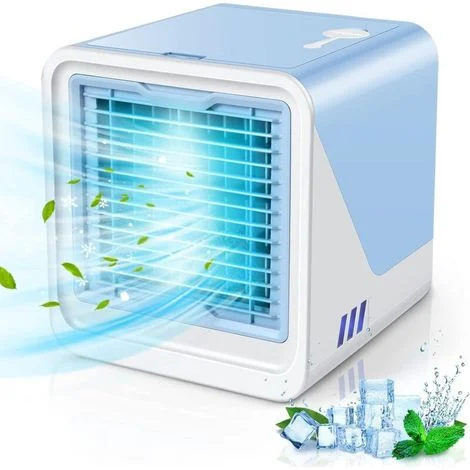 Piccolo condizionatore d'aria portatile 3 in 1 - Umidificatore d'aria evaporativo compatto - Ventilatore da tavolo a 3 velocità - Adatto per casa e ufficio, blu