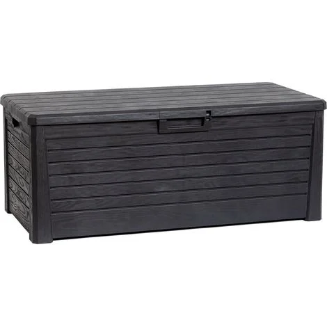 Toomax Florida baule da 550L multiuso con seduta, 148x72x60h finitura effetto legno, colore antracite, porta attrezzi resistente ai raggi UV, con foro per lucchetto, ideale per esterni