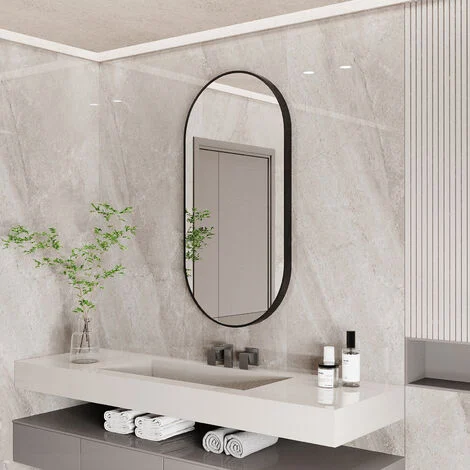 100x50cm Specchio da Bagno Ovale con Cornice in Metallo Nero