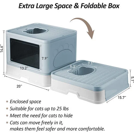 Cassette per Lettiera gatto chiusa, lettiera con paletta, lettiera con cappuccio e tavola massaggiante, doppia porta portatile pieghevole -blu