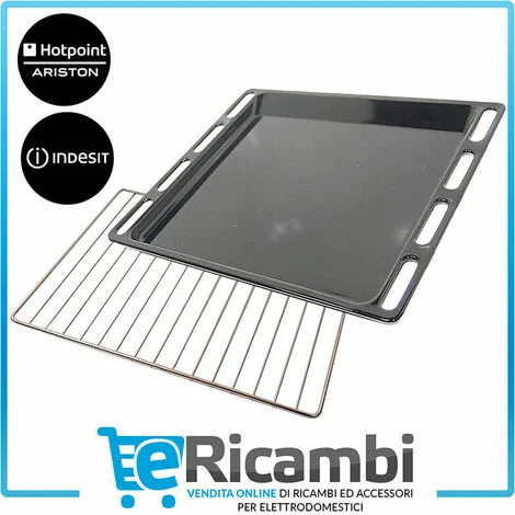 Teglia, Leccarda + griglia per Forno Ariston Indesit. Dimensioni 44,7 x 36,5 x 2 cm, Smaltata Nera, Ricambi Originali C00137834