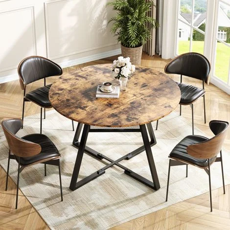 Tavolo da Pranzo Rotondo Industriale con Piano Effetto Legno e Ripiano – Ideale per Cucina, Salotto o Ristorante, Struttura in Metallo Resistente, Facile da Pulire, Adatto per 4 Persone