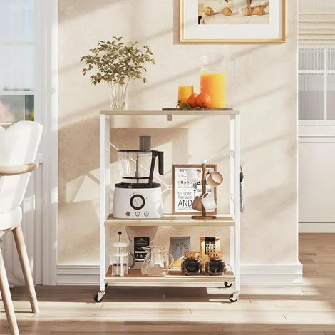 WOLTU Scaffale da Cucina con Rotelle, Carrello di Servizio con 3 Ripiani, Scaffale per Microonde, Forno, Tostapane, Struttura Metallica con 4 Ganci, Bianco + Effetto Legno