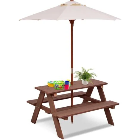 COSTWAY Tavolo da Picnic per Bambini con Parasole Pieghevole, Set di Tavolo e Panche per Giardino con Ombrellone Rimovibile, Panche in Legno, per Giardino, Cortile, Prato